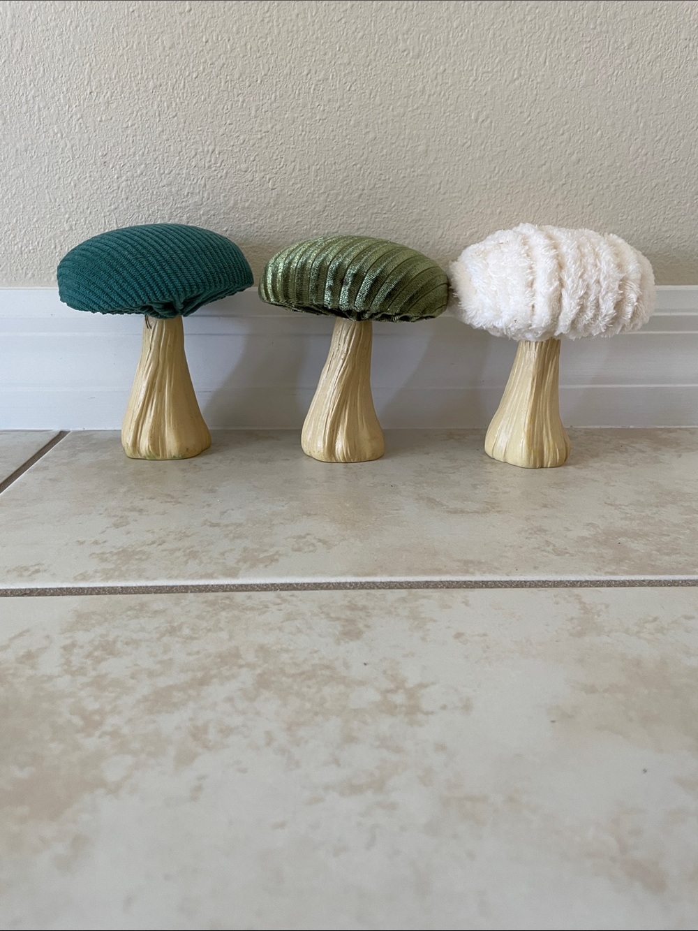 Set of 3 Mushroom Decorative Figurines - Green, Olive, Cream Tops